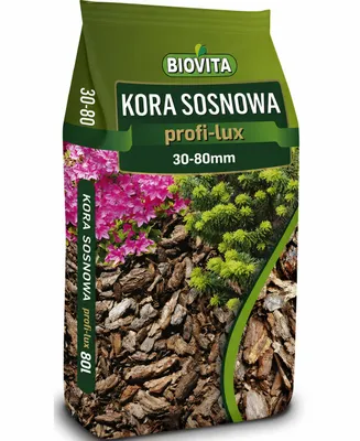 Produktbild von Biovita Profi-Lux Kiefernrinde, Rindenmulch Premium 30-80mm, Gartenrinde, Beetabdeckung, Mulch, Dekorrinde Grob 80L, KI-generiertes Bild