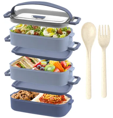Image de Boîte à lunch – Boîte à lunch à 3 étages pour adultes – Boîte à bento de 2 200 ml, avec couverts et 3 compartiments réglables, sans BPA, passe au micro-ondes, bleue, 19,5 x 11,2 x 15 cm, sans récipient intérieur en acier inoxydable