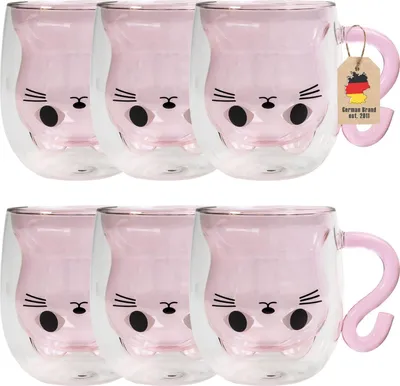Immagine prodotto di Intirilife 6x termo bicchieri a doppia parete con disegno di gatto in rosa - Capacità 200ml - Tazza in vetro isolata e resistente al calore per bevande fredde e calde tazza da caffè tazza da tè bicchiere da bere