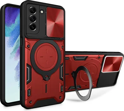 Produktbild von Handyhülle für Samsung Galaxy S21 FE 5G Dual-Layer Stoßfest Rüstung Hülle mit Dia Kameraschutz und Kreisförmig Ring Ständer Rot
