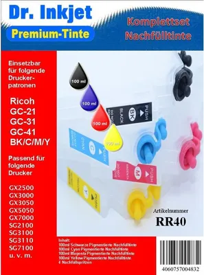 Produktbild von RR40 - Dr. Inkjet Komplett 400ml Set Premium Pigmentierte Nachfülltinte - Alles drin Packung - für Ricoh GC21, GC31 & GC41 Eayrefillpatronen