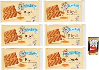 Produktbild von Mulino Bianco Rigoli Biscotti con Miele Millefiori Italiano, Kekse mit italienischem Millefiori-Honig, biscuits cookies, 6x 400 g + Italian Gourmet polpa 400g