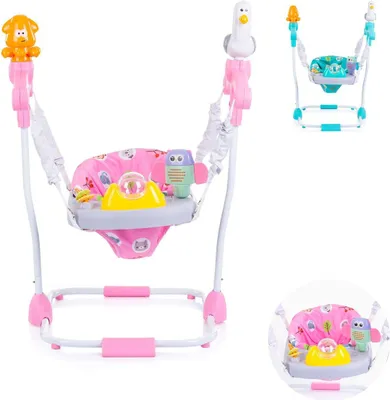 A baby jumper with toys and a seat, shown against a white background.