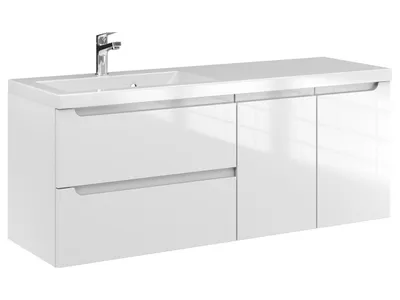 Produktbild von Furni Badunterschrank 120 cm SD L Weiß Hochglanz lackiert – Vormontierter Waschbeckenunterschrank mit Griffmulde, Hängend, 2 Schubladen