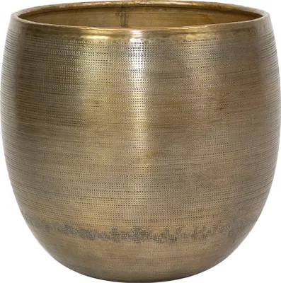 A close-up studio shot of a gold-colored planter.