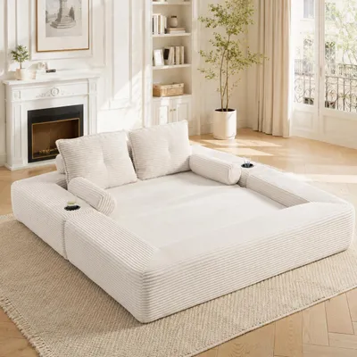 Produktbild von MODFU Relaxsessel mit Rückenkissen,Seitentaschen und Getränkehalter,2-Sitzer-Sofa Cord,Modulares Sofa mit Armlehnen abnehmbar,für Schlafsofa,Beige
