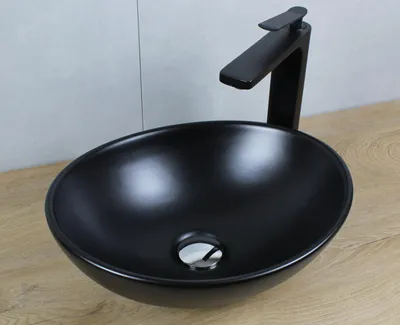 Produktbild von Keramik Waschbecken oval 410x335x145 mm schwarz matt ohne Überlauf Aufsatzwaschbecken mit Pop-Up Ablauf chrom