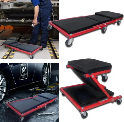 Obrázek produktu pro XINZI 2 v 1 pojízdná montážní lavice Skládací dílenská stolička s 360° kolečky 92x44x12cm Nosnost až 150 kg Kombinace
