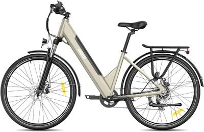 A studio shot of a gold electric bicycle against a white background.