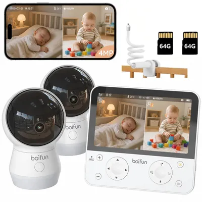 Produktbild von Babyphone mit 2 Kameras 4MP 360°Babyphone mit Halterung APP Nachtlicht KI/Weinen/Bewegungs/Geräuscherkennung Automatische Verfolgung  WLAN  mit 2*64G