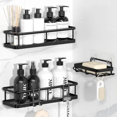 Immagine prodotto di Set di accessori per doccia, 3 pezzi, senza foratura, in acciaio inossidabile nero, con portasapone e ganci