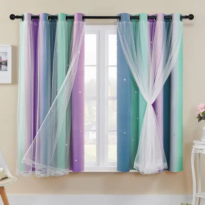 Productafbeelding van Regenbooggordijnen Sterren - Decoratieve gordijnen Kamer - Kinderkamer Decoratie - Geperforeerd Sterrenpatroon - H160 x B132cm - Paars Groen Grijs