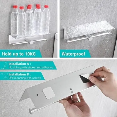 Zdjęcie produktu dla Uchwyt na rolkę papieru toaletowego bez wiercenia, uchwyt na rolkę papieru toaletowego z półką, samoprzylepny, do montażu na ścianie, aluminiowy podwójny uchwyt na rolkę papieru toaletowego, uchwyt na rolkę papieru toaletowego, uchwyt na rolkę papieru do łazienki, 31 cm, srebrny