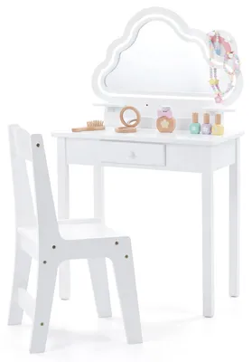 Produktbild von COSTWAY Schminktisch Kinder, Kinderschminktisch, Frisiertisch mit Stuhl, Spiegel, Schublade, Regalen & Haken, Kosmetiktisch für Mädchen ab 3+, Weiß