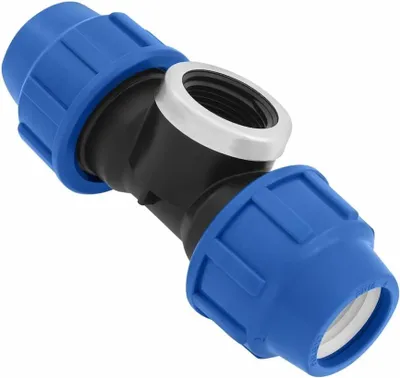 Imagen del producto de Conector en T de polietileno, 20 mm x 1/2" x 20 mm, rosca interior, certificado para agua potable