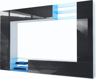 Produktbild von Vladon Wohnwand Mirage,  Germany, Anbauwand mit Rückwand mit 2 Türen, 2 Klappen und 6 offenen Glasablagen, Weiß matt/Schwarz Hochglanz, inkl. LED-Beleuchtung(262 x 183 x 39 cm)