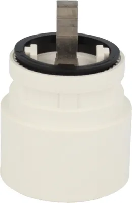 A close-up studio shot of a white plumbing cartridge with a metal component and a black rubber seal.