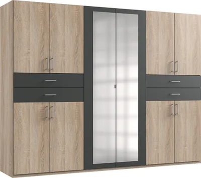 Produktbild von Kleiderschrank mit Spiegel, 270 cm breit modern in Eiche sägerau mit graphit TREVISO-43