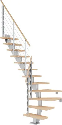 Produktbild von Pertura Mittelholmtreppe Malva Eiche Leimholz Perlgrau 1/4 gewendelt unten links/rechts 65 cm 12 Stufen / 13 Steigungen