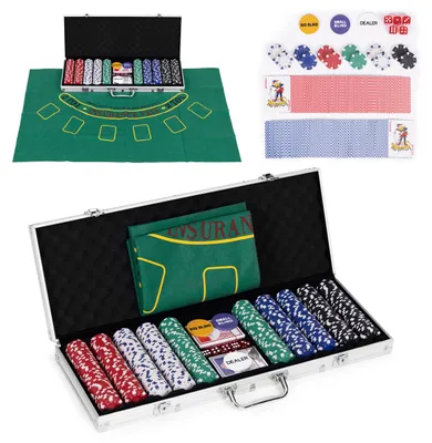 Produktbild von Poker- und Blackjack-Set mit 500 Chips, 2 Kartenspielen, Würfeln, Spielmatte und verschließbarem Koffer
