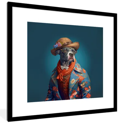 Produktbild von MuchoWow® Gerahmtes Poster Hund - Jacke - Blumen - Hut - Blau 40x40 cm - Poster mit Schwarzem Bilderrahmen Wandposter Rahmen Foto Bilder - Poster - Plakat im Rahmen