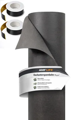 Produktbild von AMF Life Dachunterspannbahn, Dachfolie, 1,5 x 50m, grau + 2x Klebeband Schwarz