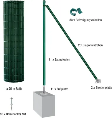 Produktbild von Gartenzaun / Gitterzaun 25 Meter Komplett-Set Foxx - Farbe: grün, Höhe: 152 cm, Ausführung: mit Fußplatten