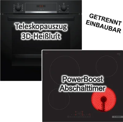 Produktbild von BOSCH Set Backofen mit Glaskeramik Kochfeld 71 Liter Hydrolyse Pizzafunktion Teleskopauszug PowerBoost