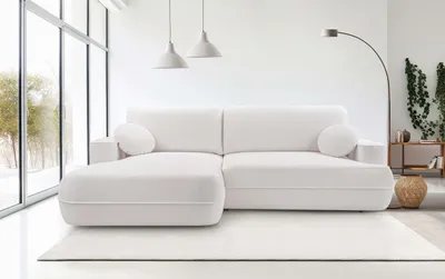 Produktbild von DomoHome Ecksofa FUEGO 260x168 cm Weiß Linke Seite Mit Schlaffunktion 140x240 cm, Skandinavisches Design, Schlafsofa Mit Bettkasten, Bubble Stoff, Modernes Sofa Für Wohnzimmer