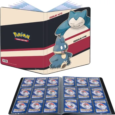 A Pokémon trading card binder album with Snorlax and Munchlax illustrations on the cover, shown open with pages of cards visible.