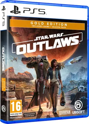 The image shows the front cover of a PlayStation 5 game case for 'Star Wars Outlaws Gold Edition'.