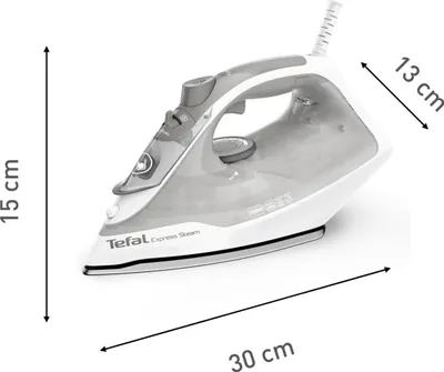A product shot of a Tefal iron with dimensions indicated.