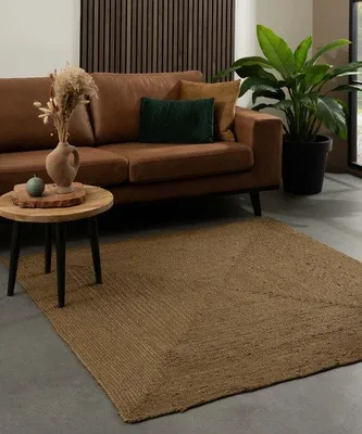 Imagen del producto de Alfombra de yute tejida a mano, diseño cuadrado "Pure" – Verde oliva, 250 x 250 cm, 2,2 kg/m², 8 mm, resistente, ideal para estilos boho y modernos