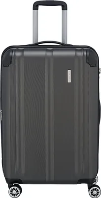 A dark gray Travelite trolley suitcase with a telescopic handle and wheels, shown from the front on a white background.