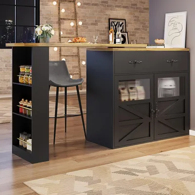Obrázok produktu pre Výsuvný barový stôl, 138 – 204 cm, čierny barový stôl z MDF s úložným priestorom, otočný o 360°, s zásuvkou a bočnou policou, výška 104 cm