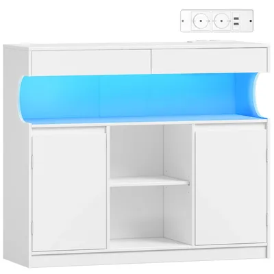 Image de Buffet de cuisine - Meuble buffet avec multiprise - Éclairage LED - 4 tiroirs, 2 portes - Étagères réglables - Blanc