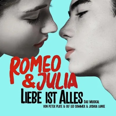 Close-up of two people's faces nearly touching, with text overlay for a musical.