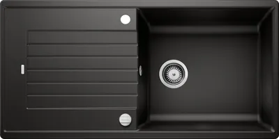 A top-down view of a black kitchen sink with a drainboard.