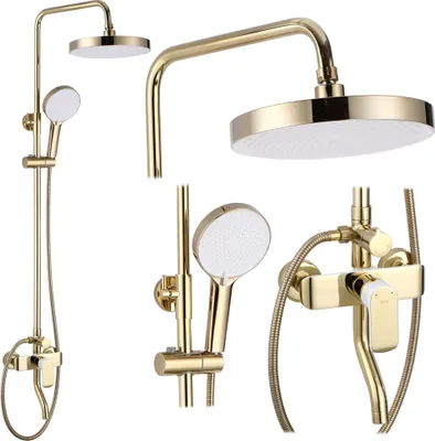 A collage of different views of a gold shower set.