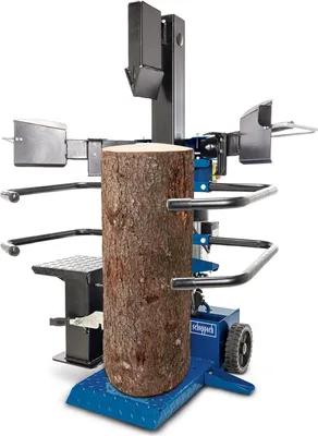 A standing log splitter with a log in place, ready to be split.