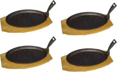 Produktbild von Servierpfanne oval Gusseisen mit Holzuntersetzer - 4 Stück