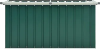 A green garden storage box with a gray roof.