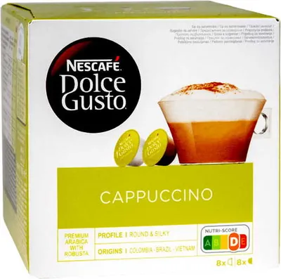 A box of Nescafé Dolce Gusto Cappuccino coffee pods.