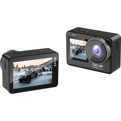 Two black SJCAM action cameras are shown against a white background. One camera is viewed from the side and back, showing its screen displaying a winter scene with a vehicle. The other camera is viewed from the front and side, showing its lens and screen.