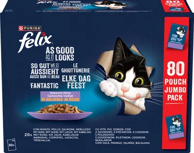 Produktbild von FELIX So gut wie es aussieht mit Kabeljau Gemischte Vielfalt in Gelee, Katzennassfutter für ausgewachsene Katzen, 80x85 g Portionsbeutel (80x85g)