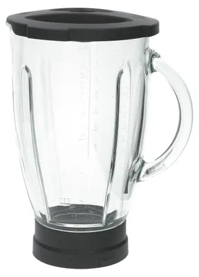 A clear studio shot of a blender jar with a black lid and base.