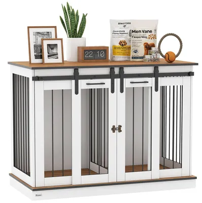 Produktbild von Hundekäfig mit 2 Schiebetüren & Trennwand, Hundebox rustikales Design, MDF & Stahl, Weiß | 120 x 60 x 88,5 cm | 44,2 kg | verriegelbar