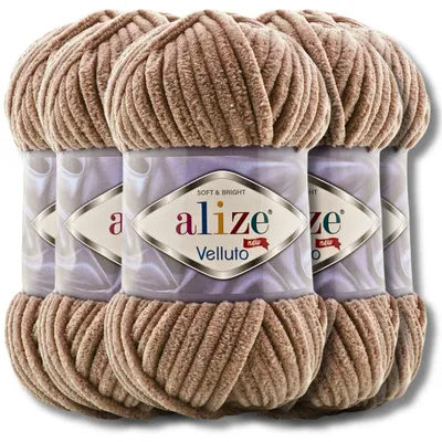 Produktbild von Alize 5x 100g Velluto dicke Wolle, Uni, Chenille, Häkeln, Stricken (Tobacco Brown | 329)
