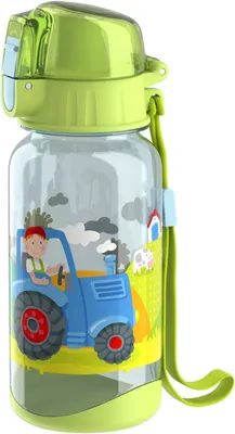 Produktbild von HABA 304486 - Trinkflasche Traktor, 400ml Kinder-Trinkflasche mit Traktor-Motiv in Grün für Kindergarten oder Schule, bpa freier Kunststoff, spülmaschinenfest, Hellgrün