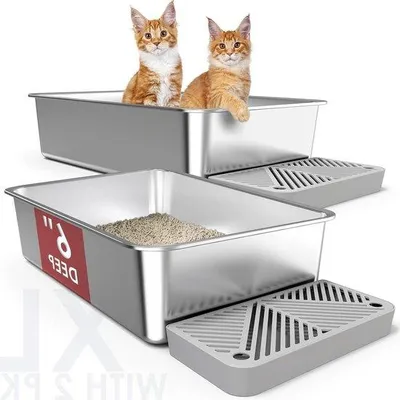 Produktbild von Famanu Katzenklo Extra Groß Edelstahl 20 L - Hohe Seiten - Für Mehrere Katzen - XL - Rostfrei - Einfach Zu Reinigen - Set von 2